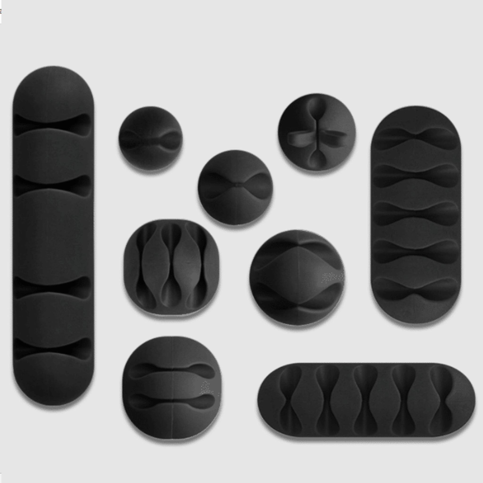 Clip-on cable organizer sticker, black, rounded, set of 9