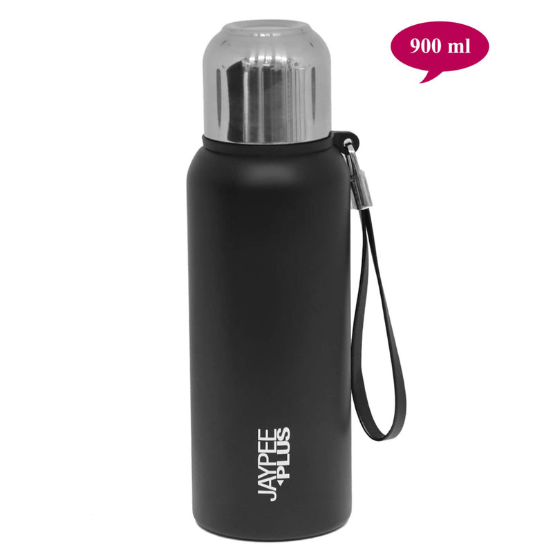 Jaypee Plus Quebec 900 Stainless Steel Water Bottle with Steel Lid and Stopper, 820 ml, Black