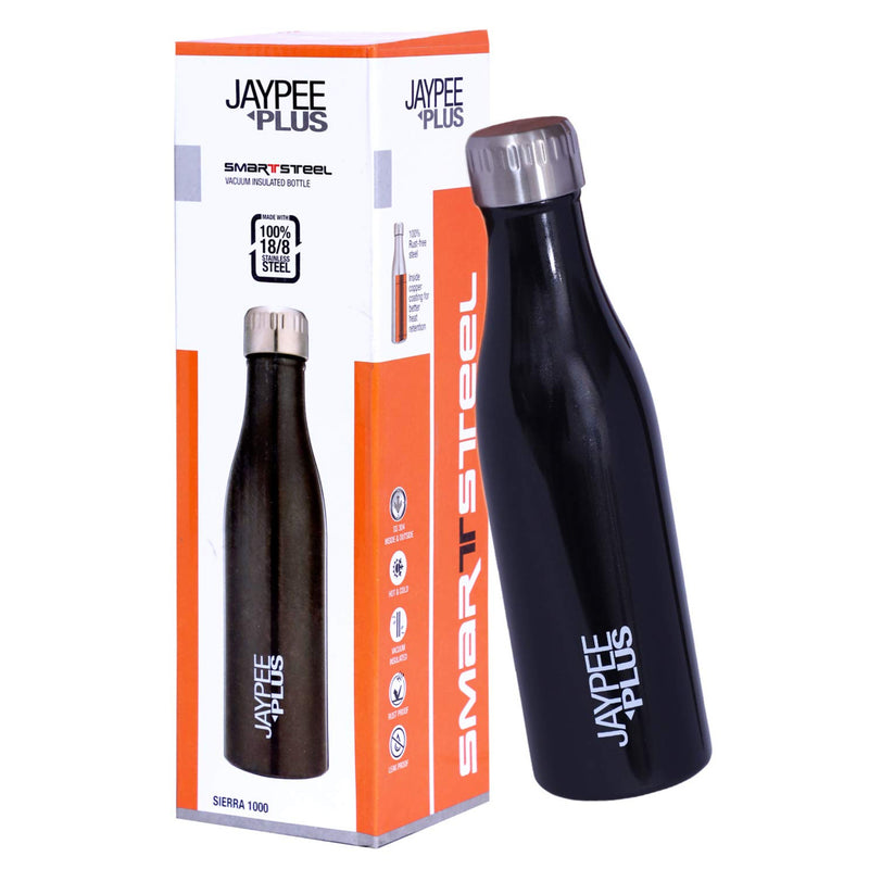 Jaypee Plus Sierra 1000 Stainless Steel Water Bottle, 1000 ml, Black